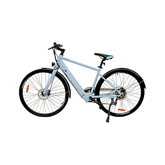 Bicicleta eléctrica urbana Atria azul claro 700c con marco de acero y frenos de disco
