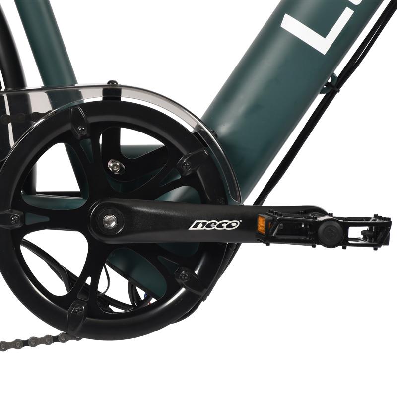 Bicicleta eléctrica urbana Atria azul claro 700c con marco de acero y frenos de disco