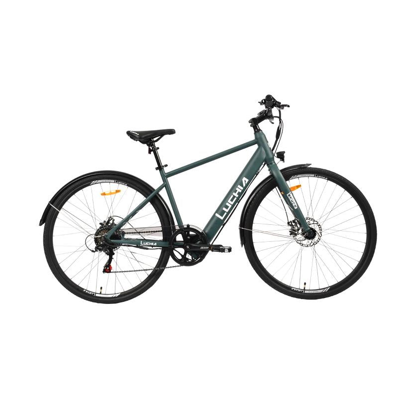 Bicicleta eléctrica urbana Atria azul claro 700c con marco de acero y frenos de disco