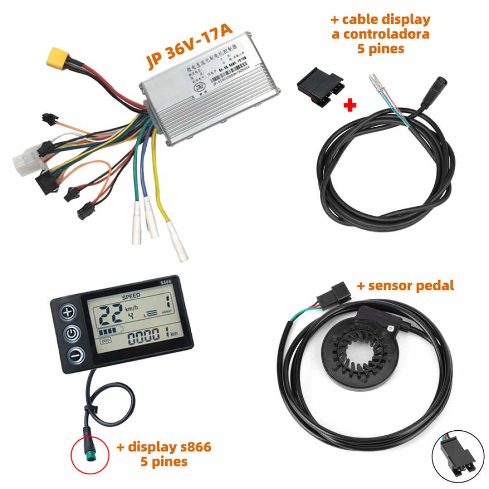 KIT BICI 36V-17A INCLUYE CONTROLADORA JP 36V-17A + SENSOR PEDAL + DISP
