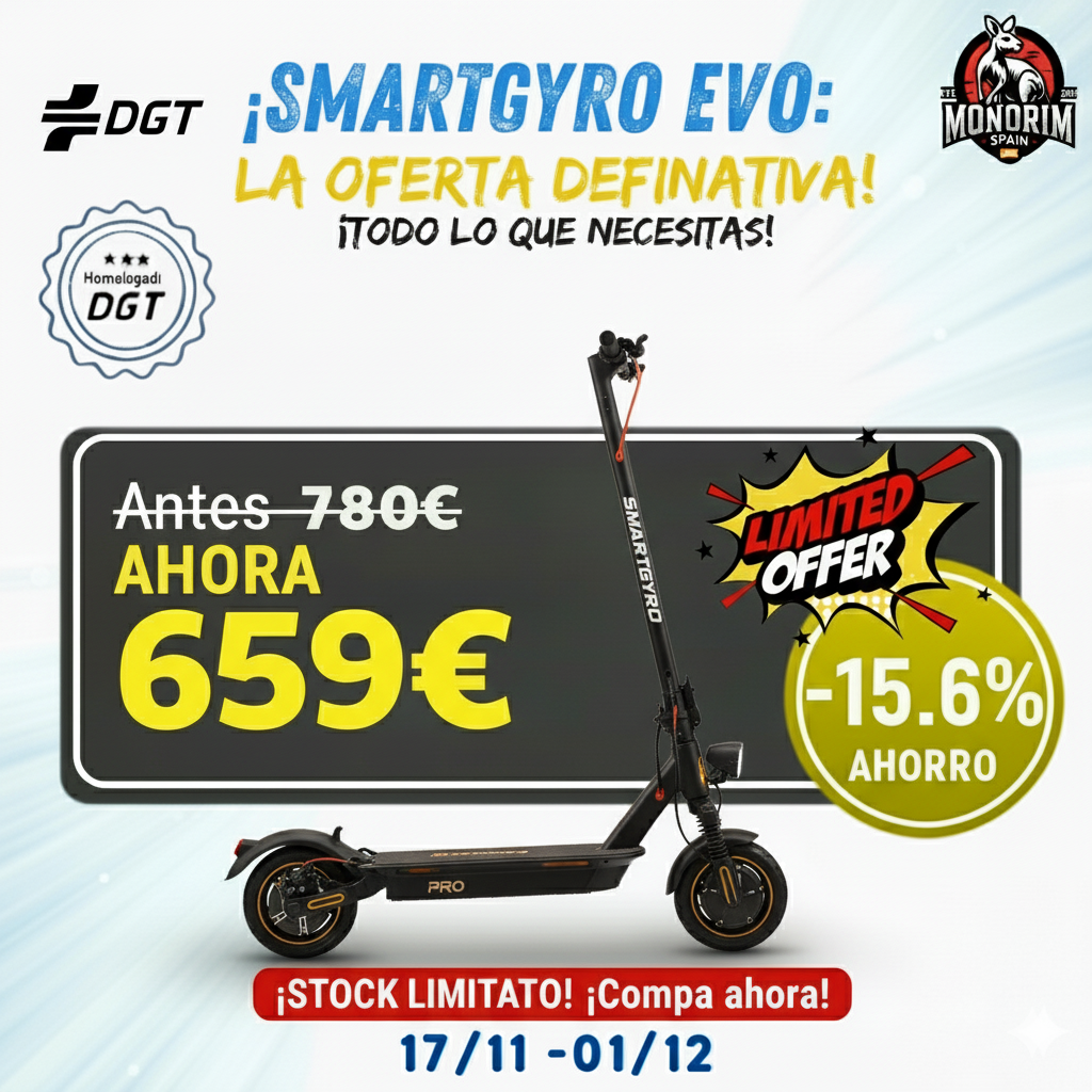 (OFERTA 17-11 al 1-12)Patinete Smartgyro K2 PRO Black Certificado DGT
