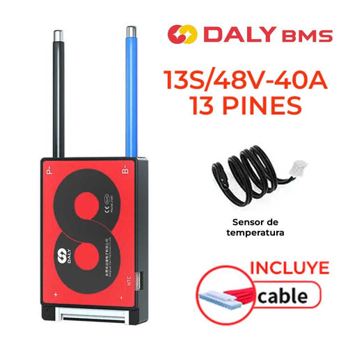 BMS Daly 13S/48V-40A sistema gestión para baterías de litio + sensor temperatura + cable 13 pines incluido