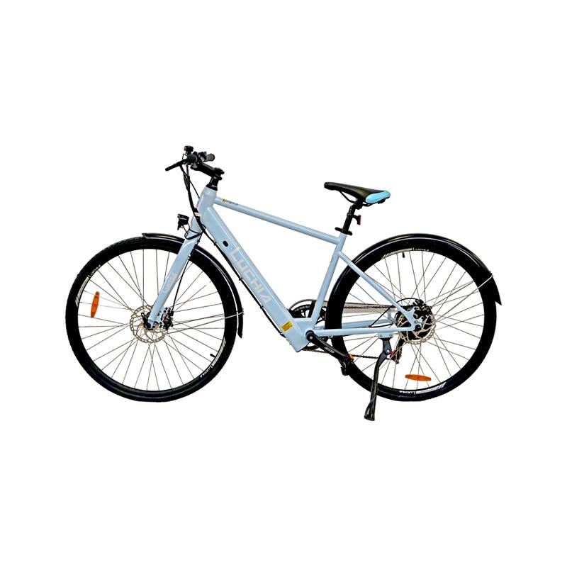 Bicicleta eléctrica urbana Atria azul claro 700c con marco de acero y frenos de disco