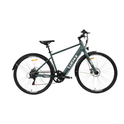 Vélo électrique urbain Atria bleu clair 700c avec cadre en acier et freins à disque